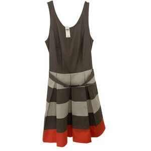 Colorblock Sleeveless Fit & Flare Dress With Belt - Brown Beige & Orange Stripes